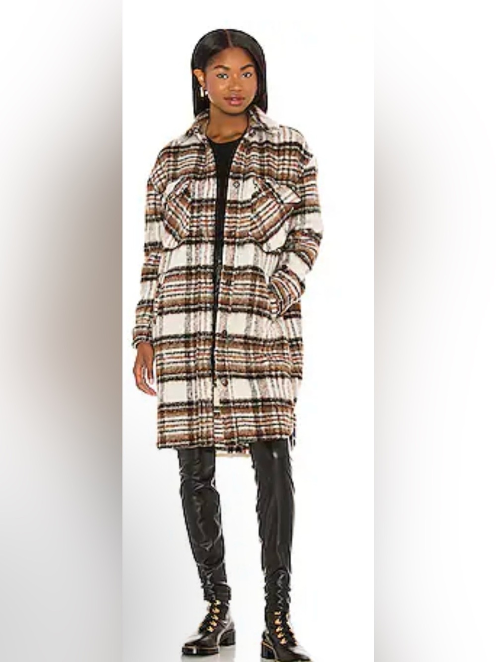 Blank NYC Plaid Long Shacket Coat in Cream Blue Golden Brown Plaid
